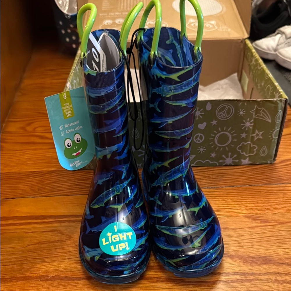 Kids Light-Up Rain Boots - Blue and Green shark design